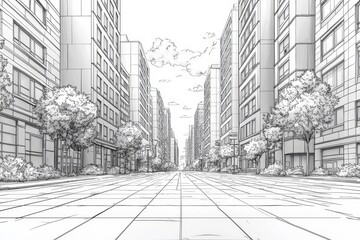 Minimalist Line Drawing of Bustling City Block with Tall Buildings and Street Lamps