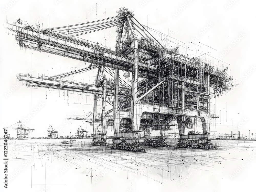Poster minimalist blueprint of shipping dock with cranes and containers