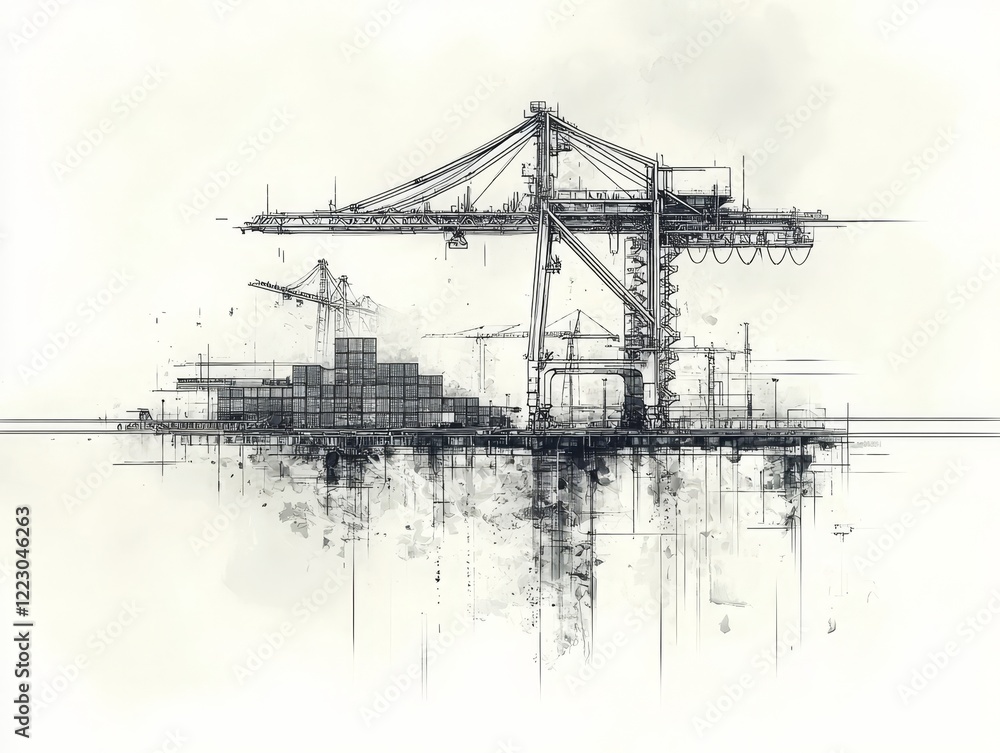 Poster minimalist blueprint of shipping dock with cranes and containers