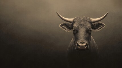 Naklejka premium Majestic bull portrait, dark background, sepia tone.