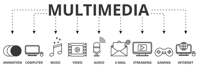 Multimedia banner vector illustration with icon of animation, computer, music, video, audio, e-mail, streaming, gaming and internet