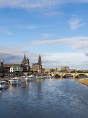 Picturesque view of historic old town Dresden, Germany, Elbe River, charming pleasure boats, Photo...