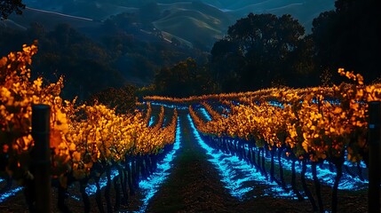 Fototapeta premium Illuminated Vineyard at Night Orange and Blue Lights Among Rows of Vines on a Hillside