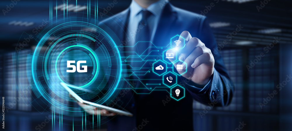Poster 5g high-speed internet connection concept. businessman pressing button on screen.