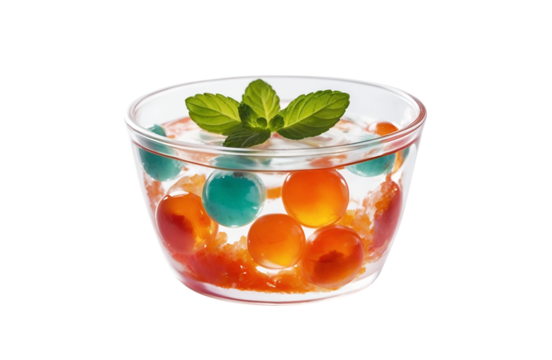 tasty vibrant color gelatin blancmange jelly pudding decorated with fresh green mint leaves isolated on white background with copy space for text