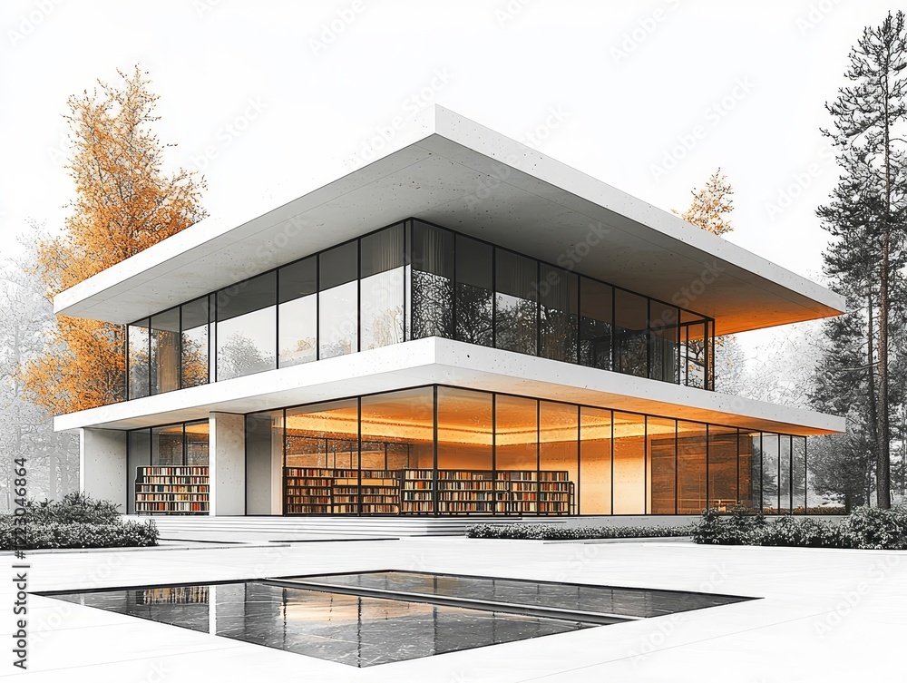 Poster minimalist architectural sketch of a modern library building with clean lines and large windows