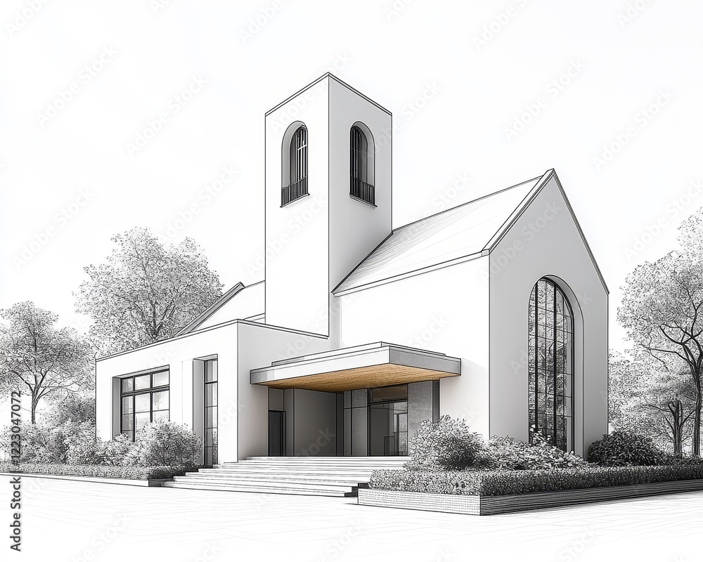 Poster clean geometric nordic church building architecture rendering