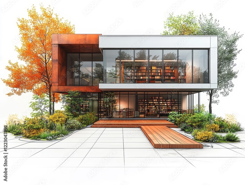 Poster modern linear sketch of minimalist library building with large windows and clean lines