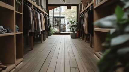 Fototapeta premium Minimalist clothing store interior with wooden shelves, apparel, and plants.