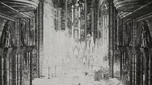Inside a gothic castle in monochrome. A mysterious place