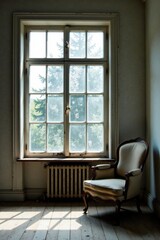 Fototapeta premium Serene sunlight streams through a vintage windowpane, illuminating an antique armchair in a sun-drenched room.