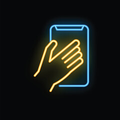 Obraz premium Neon sign of a hand holding a smartphone, representing mobile technology and communication