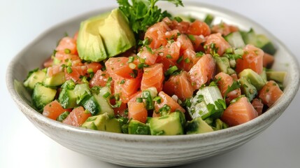 Fresh salmon poke bowl with avocado, cucumber, and herbs in a ceramic dish