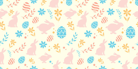 hand-drawn easter pattern with bunnies, doodles, flowers and eggs on seamless pattern pastel background