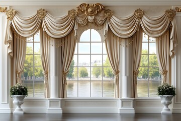 Backdrop of luxury cream drapes with river view through window, wedding photography background.