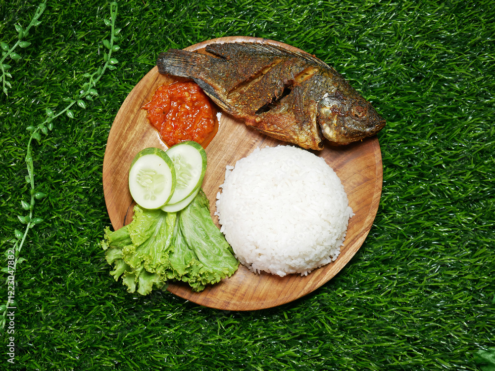 Wall mural Top view traditional Indonesian food white rice, fried fish, spicy red Sambal, fresh cucumber slices, and lettuce, served on wooden plate. Decorated plastic leaves and with a green synthetic grass bas