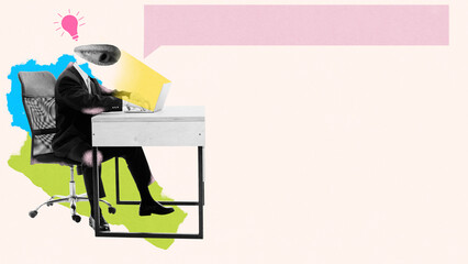 Modern art collage. Businessperson typing at desk, lightbulb above head, symbolizing innovation and productivity against background with abstract papers. Concept of social media, digital communication
