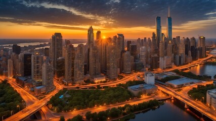 Fototapeta premium A stunning aerial view of a vibrant metropolitan city at sunset, featuring towering skyscrapers, glowing city lights, and bustling streets