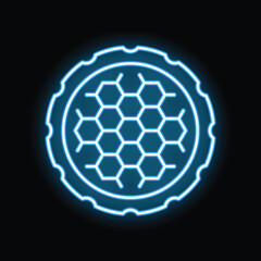 Obraz premium Neon blue glowing honeycomb pattern on a black background, representing concepts like technology, nature, and structure