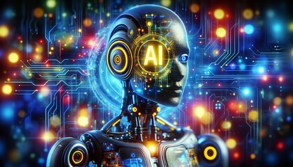 A futuristic AI robot with a glowing AI symbol on its head, set against a vibrant circuitry background, representing advanced artificial intelligence technology.
