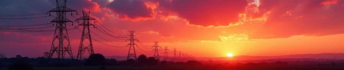 Fototapeta premium Silhouetted power plant against vibrant sunset sky, renewable, beautiful