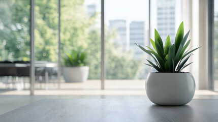 Fototapeta premium A blurred modern office interior with large panoramic windows, creating a clean and professional atmosphere.