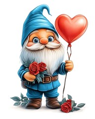 Obraz premium Isolated Happy Gnome Celebrating Valentines Day with Heart-Shaped Balloon and Red Roses on White Background