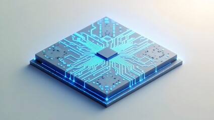 3D Rendered Silicon Chip with Glowing Blue Circuitry Isometric Perspective