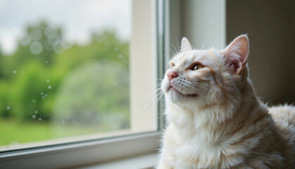 Charming fluffy cat sitting by the window, watching the outdoors with a content expression