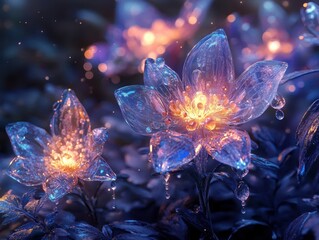 A cluster of glowing crystal flowers emitting a warm magical light.