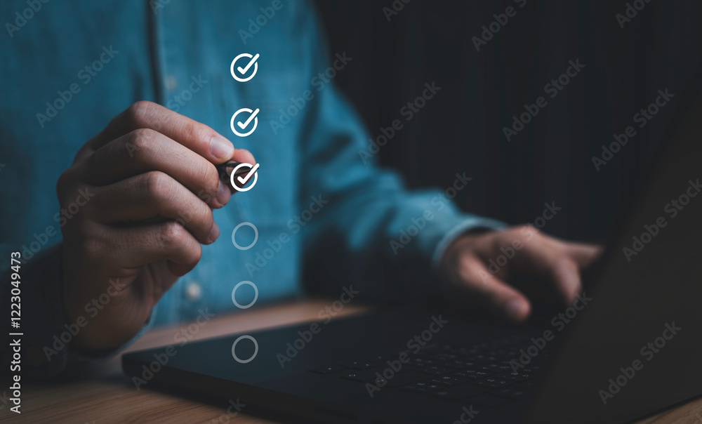 Poster Businessman use pen to tick correct sign mark in checkbox for quality document control checklist and business approve project concept.