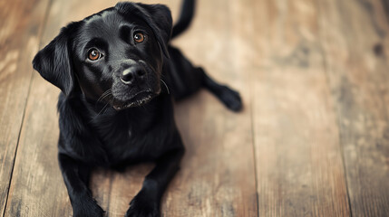 curious black labrador puppy resting on a wooden floor for pet care and adoption campaigns