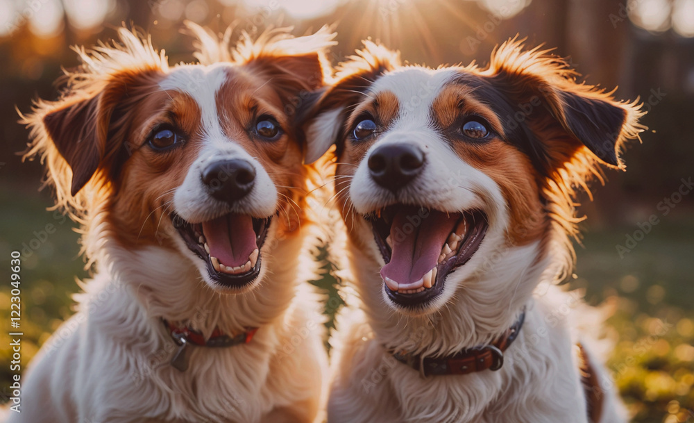 Poster two dogs are smiling and looking at the camera. they are wearing collars and are sitting next to eac