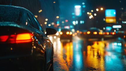 Fototapeta premium atmospheric urban night scene with a sleek car in the rain, illuminated by blurred neon city lights and reflections, ideal for automotive campaigns, futuristic ads, or modern city lifestyle designs