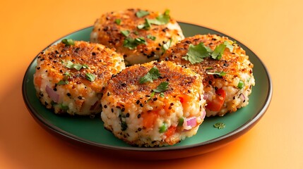 Fototapeta premium Paneer stuffed kodo millet Idly steamed savory cakes made of kodo millets and lentil flour stuffed with a patty made of scrambled cottage cheese with onions and tomatos shot on orange background