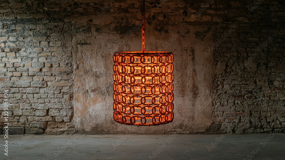 Poster representations of rust concept, artistic chandelier made from rusted bicycle chains, creating uniqu