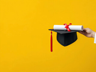 Graduation cap with diploma clipart in one hand on yellow background