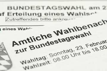 Amtliche Wahlbenachrichtigung zur Erteilung eines Wahlscheins für die Bundestagswahl am 23....