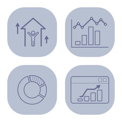 Collection of line icons depicting business growth concepts. Person reaching for house, bar graphs, and pie charts, perfect for presentations