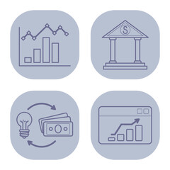 Collection of business icons of data analysis, financial institutions, and investment concepts. Growth strategies and monetary transactions concept