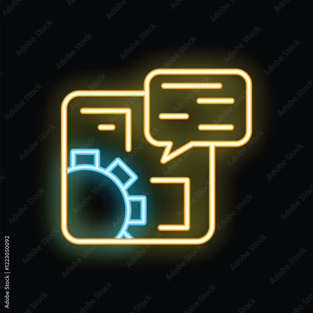 Poster glowing neon icon of a smartphone with an ongoing development process and a chat bubble, representin