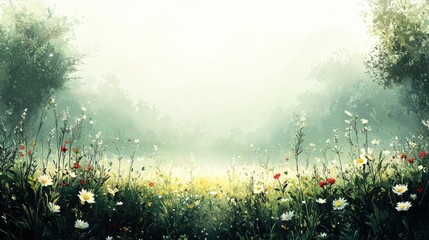 Obraz premium Tranquil meadow wildflowers and lush greenery in watercolor