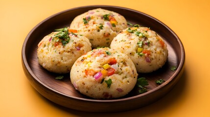Fototapeta premium Paneer stuffed kodo millet Idly steamed savory cakes made of kodo millets and lentil flour stuffed with a patty made of scrambled cottage cheese with onions and tomatos shot on orange background