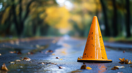 Weathered traffic cone on a wet autumn road, ideal for safety awareness campaigns and urban-themed concepts