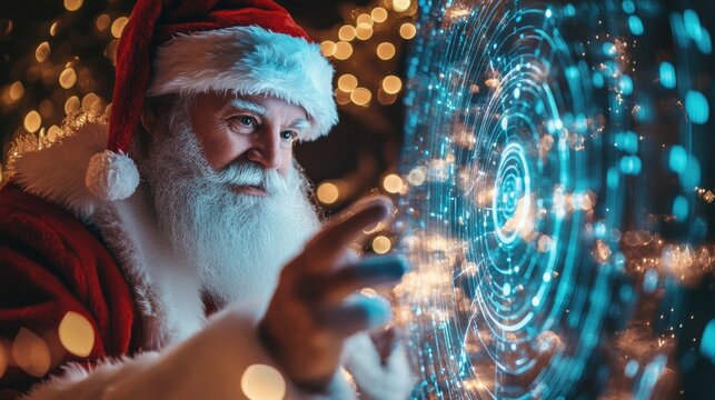 Santa claus interacting with futuristic holographic display in festive setting