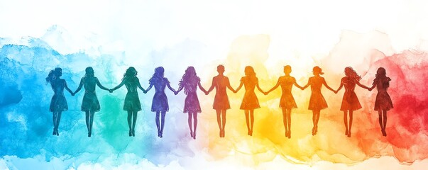 Diverse LGBTQ individuals holding hands, rainbow flag colors behind them, symbolizing acceptance and friendship, illustration with copy space for message, bright and vibrant, 8K