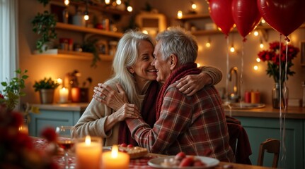 European mature gray-haired couple in love having dinner, hugging. The room is festively decorated with lights, flowers and heart-shaped balloons. Subdued atmosphere of warmth and coziness.