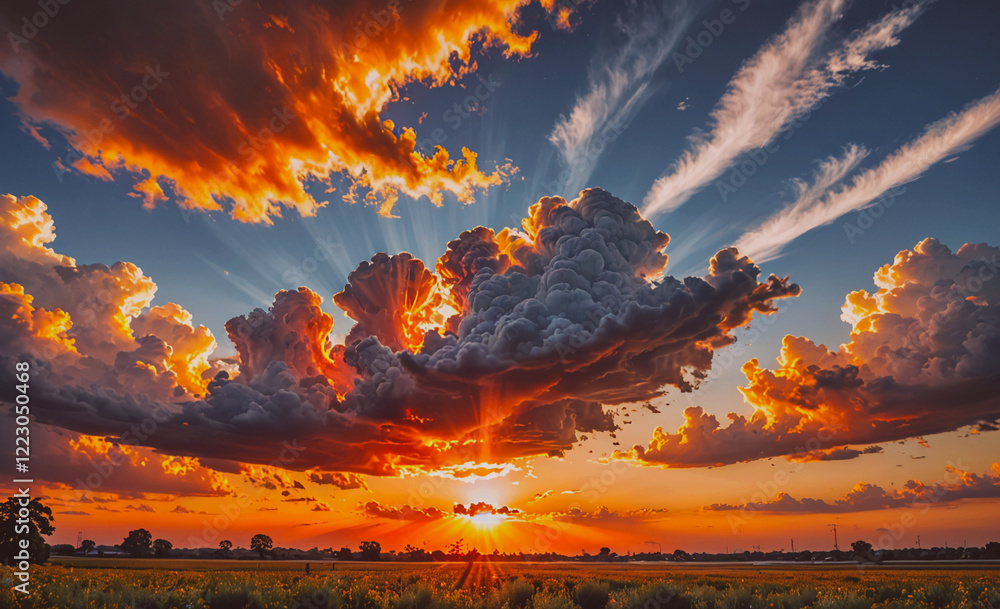 Aufkleber beautiful sunset with a large cloud in the sky. the sky is filled with clouds and the sun is setting
