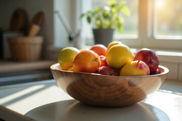 Rustic wooden bowl with colorful fruits on sunlit kitchen counter