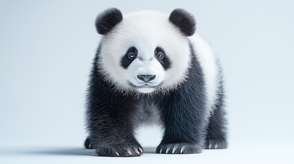 Naklejka premium panda stands and looks into the frame on a white background